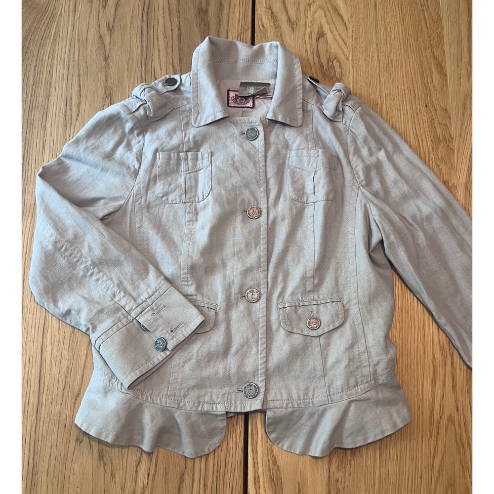 Juicy Couture Military Ruffle Jacket Womens Large Gray Y2K Vintage Deadstock